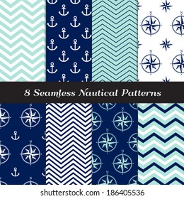 Nautical Navy Blue, Aqua and White Chevron, Anchors and Compasses Seamless Patterns. Navy and Aqua Nautical Backgrounds N1. Pattern Swatches made with Global Colors.