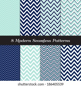 Nautical Navy Blue, Aqua and White Thick and Thin Chevron Seamless Patterns. Navy and Aqua Nautical Backgrounds. Pattern Swatches included and made with Global Colors.