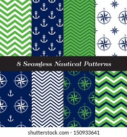 Nautical Navy Blue, Green and White Chevron and Anchors and Compasses Patterns. Green Navy Nautical Backgrounds N1. Pattern Swatches included and made with Global Colors.