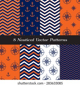 Nautical Navy Blue, Orange and White Chevron, Anchors and Compasses Patterns. Navy Orange Nautical Backgrounds V2. Vector EPS File Pattern Swatches made with Global Colors.