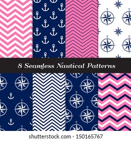 Nautical Navy Blue, Pink and White Chevron and Anchors and Compasses Patterns N1. Pink Nautical Backgrounds. Pattern Swatches included and made with Global Colors.