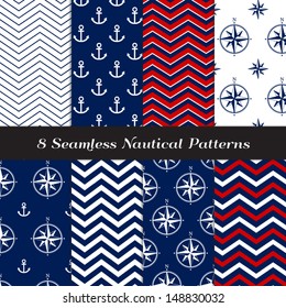 Nautical Navy Blue, Red and White Chevron and Anchors and Compasses Patterns. Patriotic Nautical Backgrounds. Pattern Swatches made with Global Colors.