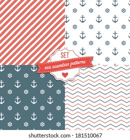 Nautical Navy Blue, Red and White Chevron, Anchors and ship wheels Seamless Patterns. 