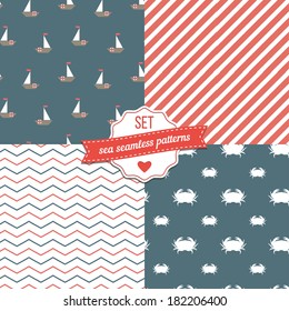 Nautical Navy Blue, Red and White Chevron, Anchors and ship wheels Seamless Patterns.