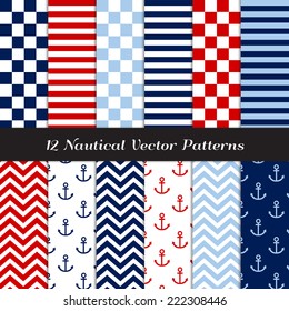 Nautical Navy, Blue, Red and White Checks, Stripes, Chevron and Anchors Patterns. Vector Pattern Swatches made with Global Colors.