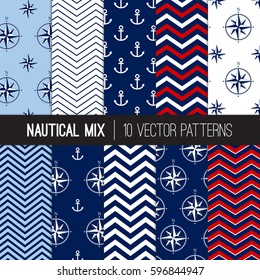 Nautical Navy, Blue, Red and White Chevron, Anchors and Compasses Patterns. Patriotic Color backgrounds. Vector Pattern Tile Swatches Included.