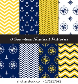 Nautical Navy Blue, Yellow and White Chevron, Anchors and Compasses Seamless Patterns. Navy Yellow Nautical Backgrounds #1. Pattern Swatches made with Global Colors.