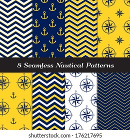 Nautical Navy Blue, Yellow and White Chevron, Anchors and Compasses Seamless Patterns. Navy Yellow Nautical Backgrounds #2. Pattern Swatches made with Global Colors.