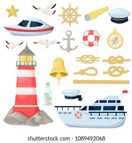 Nautical navy boats, anchor, wheel marine and ocean theme design elements set for baby showers, birthdays, invitations vector illustration. Sea nautical rope sailboat lighthouse decoration