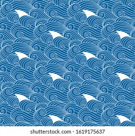 Nautical navy deep blue waves seamless background. Vector ocean fin fishes endless pattern. Dolphin, shark fins wallpaper design.