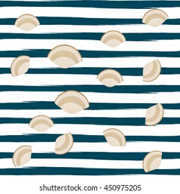 Nautical Navy Seamless Vector Pattern with Sea Shell on Striped Background