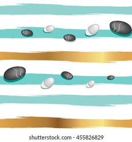 Nautical navy seamless vector pattern with sea stone on striped foil background