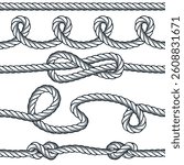 Nautical node rope decorative brushes set. Seamless border design elements for banner, poster, print, card, menu. Vector vintage hand drawn sketch illustration. Marine, yacht style abstract background