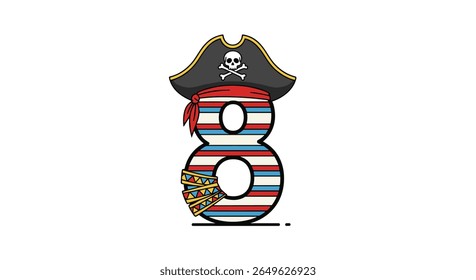 A nautical number eight featuring a pirate captains hat and treasure chest emblem