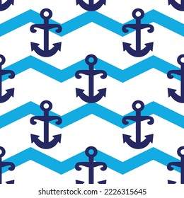 Nautical nursery seamless pattern with anchor, striped doodle background. Simple vector marine wallpaper template. Sea fabric print isolated on white.