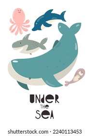 Afiche artístico de arte de la guardería náutica con animales y criaturas submarinos. Impresión vectorial para habitación de bebé, tarjeta de ducha, camiseta para niños. Bajo el mar