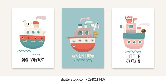 Nautical Nursery Wall Art Posters Set with Cute Cartoon Ships. Print for Baby Room, Shower Card, Kids T-shirt