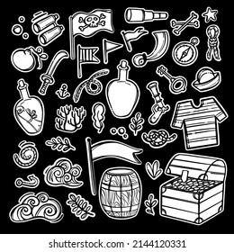 OBJETO NÁUTICO Tema Pirata Monocromo Mano Dibujar Caricatura Clipart Sticker Y Etiqueta Vector De Mar Ilustración Set Para Máquinas De Impresión Y Corte Sobre El Fondo Negro