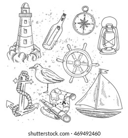 Nautical object vector set. Doodle hand drawn illustration.