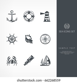 Nautical objects and icons for marine labels and logos, vector nautical illustration