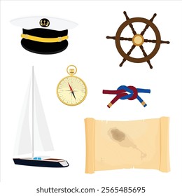 Nautical objects set: captain hat, ship steering wheel, yacht sail boat, square knot, compass and pirate treasure map. Vector icon set