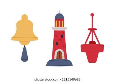 Nautical objects set. Classical marine bell with rope, lighthouse and marine buoy cartoon vector illustration