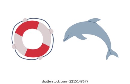 Nautical objects set. Dolphin and lifebuoy cartoon vector illustration