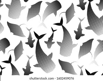 Nautical ocean animals wild life seamless background. Vector sea mammals flat silhouette icons pattern. Black and white big fish species  illustration.