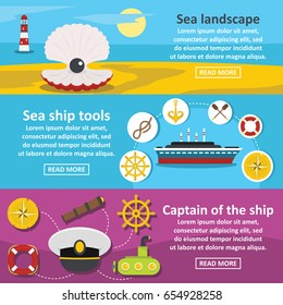 Nautical ocean banner horizontal concept set. Flat illustration of 3 nautical ocean vector banner horizontal concepts for web