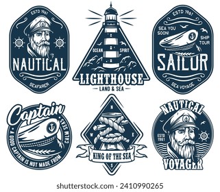 Nautical ocean lighthouse, sea marine bollard, captain cap, voyage and marine cruises