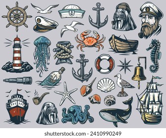 Nautical ocean lighthouse and walrus, sea marine anchor and captain cap, sealife with shellfish, kraken, ship and helm