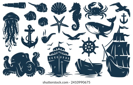 Nautical ocean lighthouse and walrus, sea marine anchor and captain cap, sealife with shellfish, kraken, ship and helm