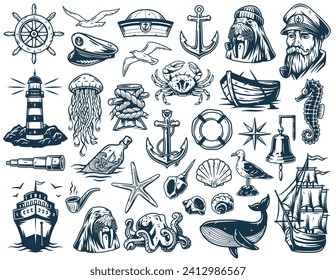 Nautical ocean lighthouse and walrus, sea marine anchor and captain cap, sealife with shellfish, kraken, ship and helm