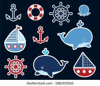 Nautical ocean set with cute vector stickers with whale, boat, helm and anchor for children designs and backgrounds