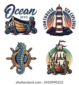 Nautical or oceanic design for print. Sea set with bottle and boat. Marine bollard, rope and lighthouse