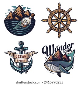 Nautical or oceanic design for print. Sea set with bottle and anchor. Marine whale and helm