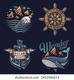 Nautical or oceanic design for print. Sea set with bottle and anchor. Marine whale and helm
