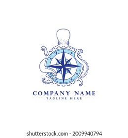 Logo de la brújula de pulpo náutico. Ilustración de brújula y pulpo.