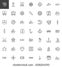 Nautical outline icons set. linear style symbols collection, line signs pack. vector graphics. Set includes icons as lighthouse, anchor, lifejacket, submarine, boat, ship, marine 