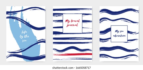 Nautical Paint Brush Poster Template. Blood Red Striped Background. Sky Blue Burgundy Paint Brush Cover Design. Navy Blue Ruby Paint Stroke Background. On White Background