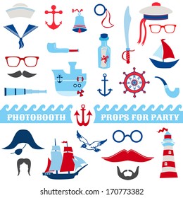 Nautical Party Set - Photobooth Props - Glasses, Hats, Ships, Mustaches, Masks - In Vector 