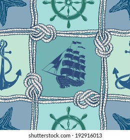 Nautical patchwork seamless pattern with ropes, starfish, sailing ship, anchor and wheel