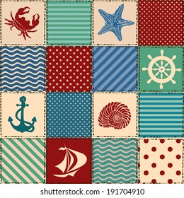 Nautical patchwork seamless pattern with seashell, starfish, anchor, wheel, sailboat and crab