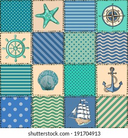 Nautical patchwork seamless pattern with seashell, starfish, anchor, wheel, sailboat and compass