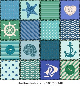 Nautical patchwork seamless pattern with seashell, starfish, anchor, wheel, sailboat and buttons