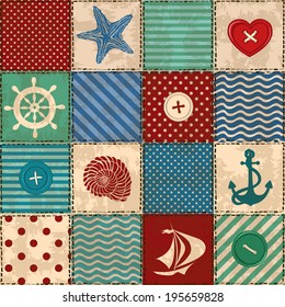 Nautical patchwork seamless pattern with seashell, starfish, anchor, wheel, sailboat and buttons