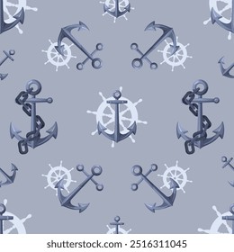 Nautical pattern with anchors and ship wheels. Vector illustration