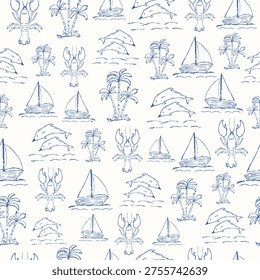 A nautical pattern featuring a hand-drawn sailboat, dolphin, palm tree, and lobster. Nautical-themed wallpaper for textiles, fabrics, and wrappers. Vector.