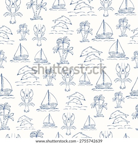A nautical pattern featuring a hand-drawn sailboat, dolphin, palm tree, and lobster. Nautical-themed wallpaper for textiles, fabrics, and wrappers. Vector.