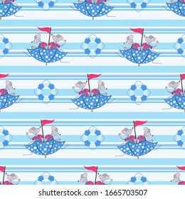 Nautical pattern. Funny mice sailors swim on an umbrella. Cartoon characters. Design for baby textiles. Year of the rat. Vector illustration on a striped background.